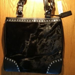 CHRISTMAS #10 NWT BLACK CALF HAIR Fur & LEATHER Studded EDGY Shopper Bag